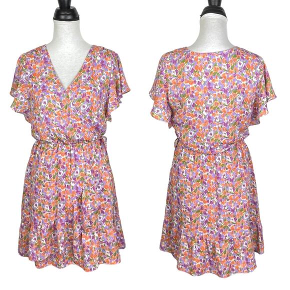 All in Favor | Colorful Floral Flutter Sleeve Faux Wrap Blouson Mini Dress - Picture 2 of 11
